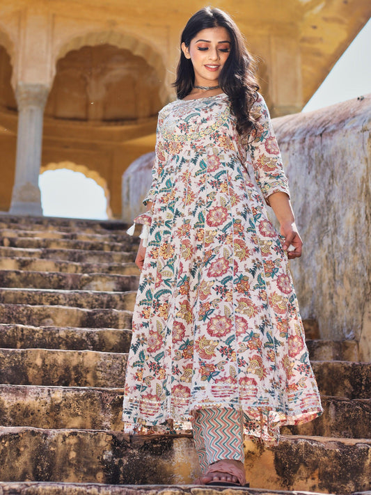 Jamal Jamaloo Off white Cotton Anarkali Kurta Pant Set - Jamal Jamalooworld.com