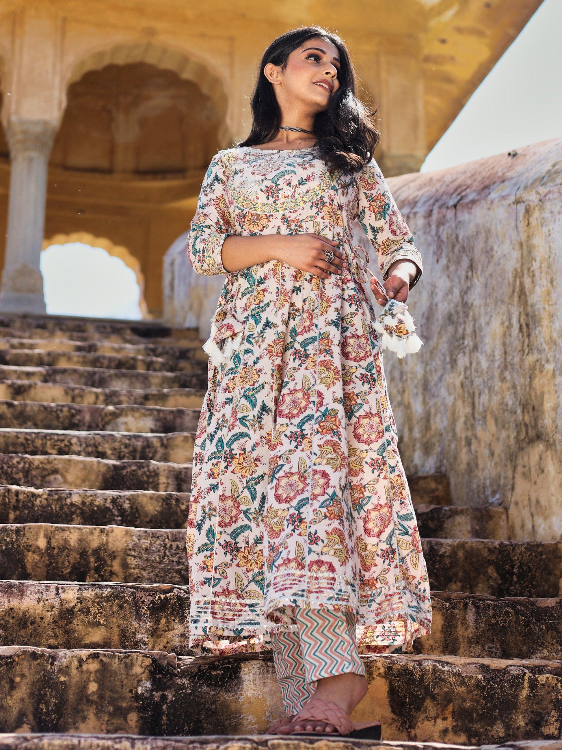 Jamal Jamaloo Off white Cotton Anarkali Kurta Pant Set - Jamal Jamalooworld.com