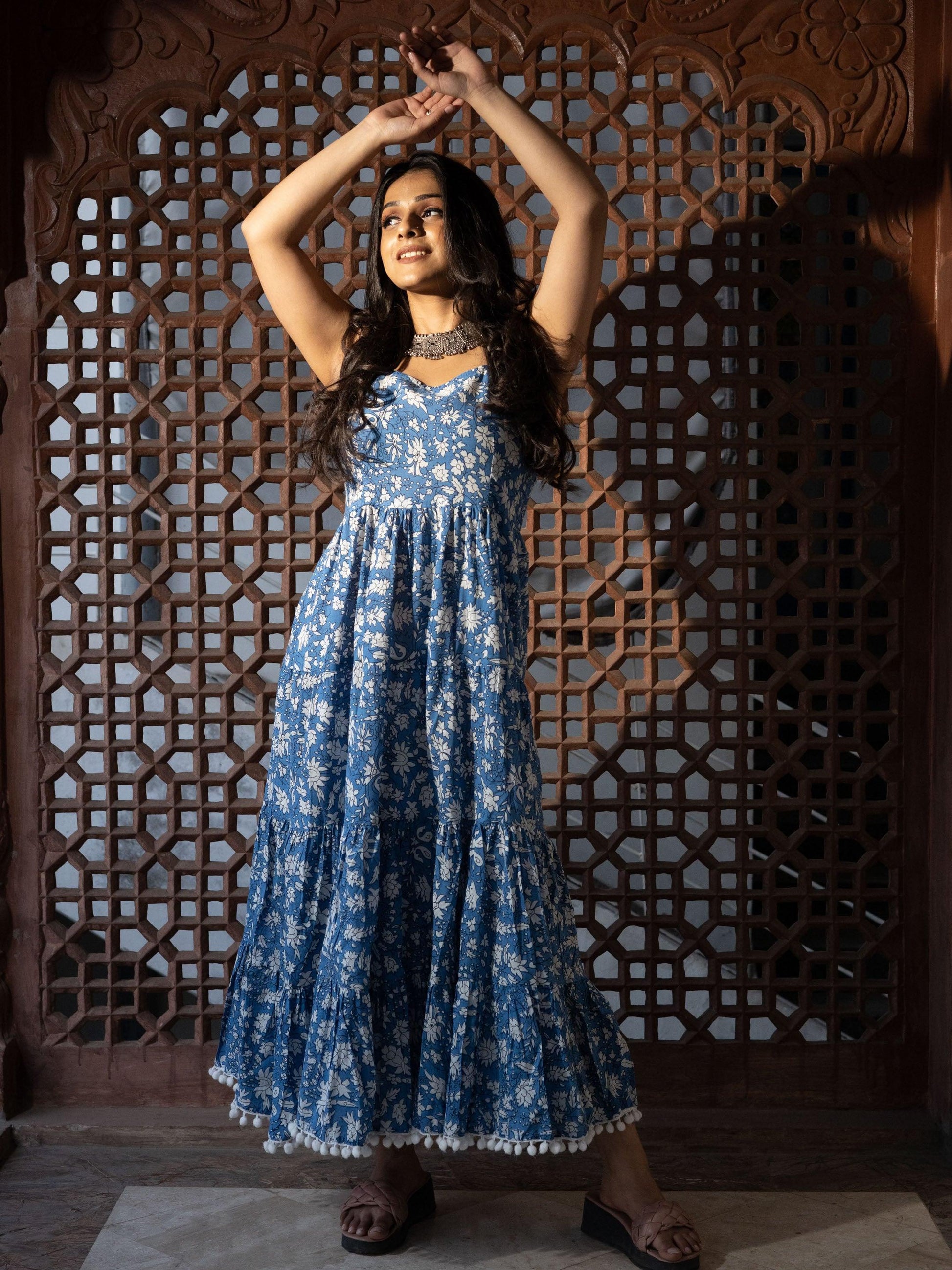 Jamal Jamaloo Indigo Floral Printed Shoulder Strip Long Dress - Jamal Jamalooworld.com