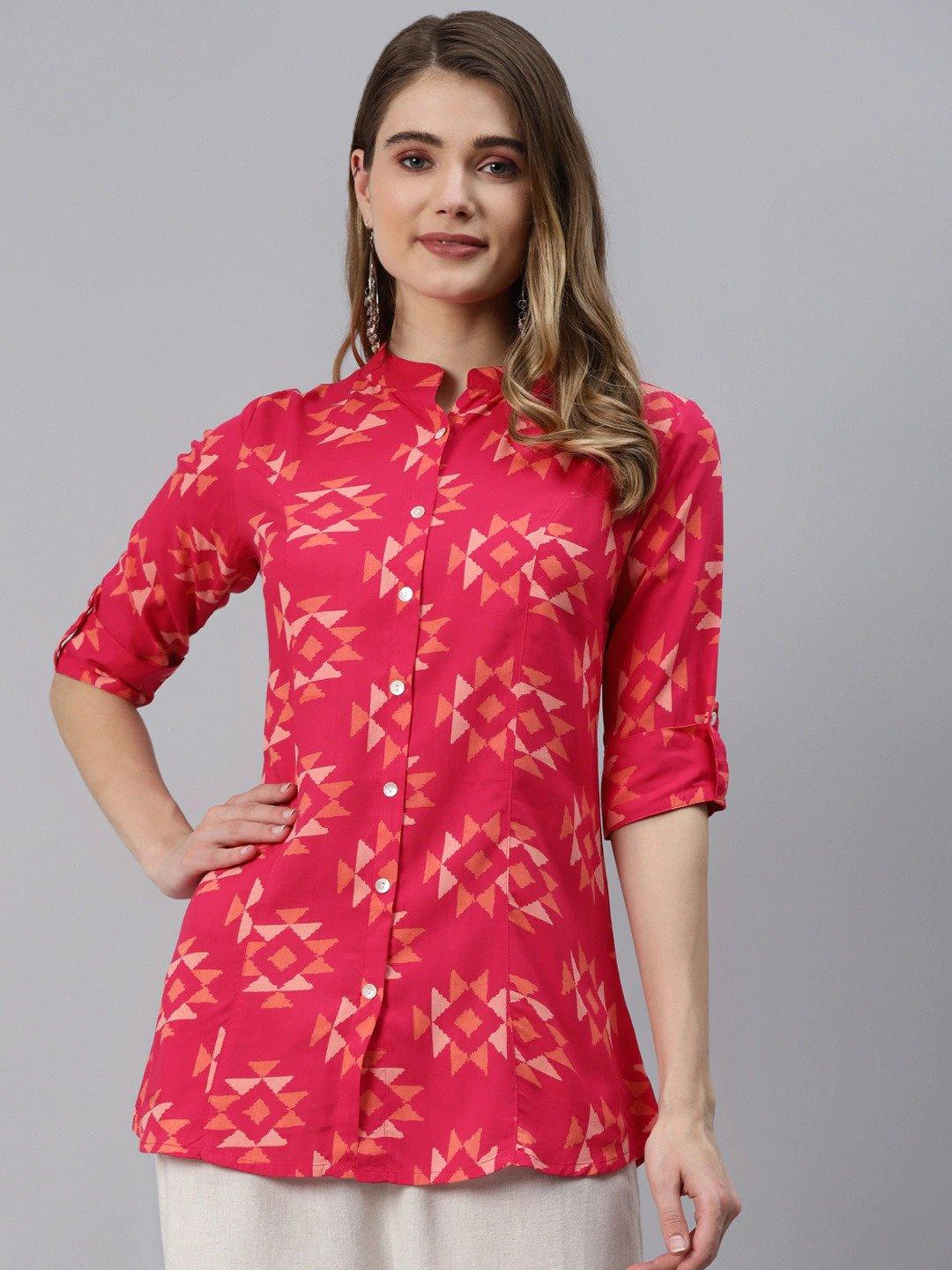 Jamal Jamaloo Pink Geometric Print Rayon Shirt Style Top - Jamal Jamaloo