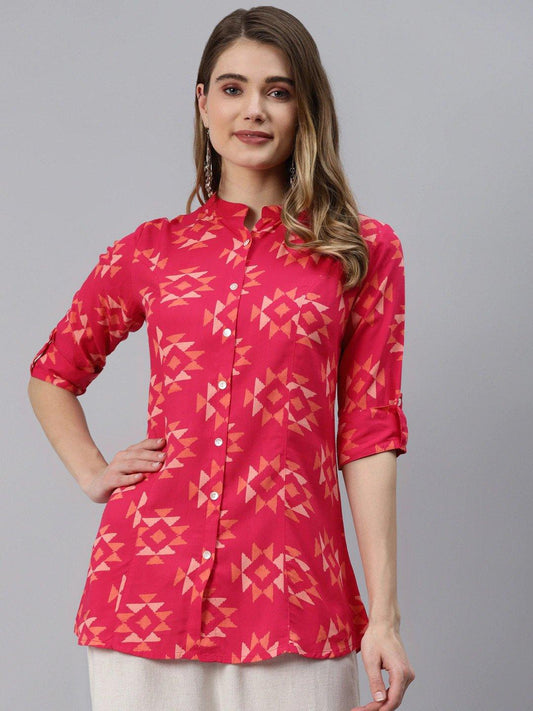 Jamal Jamaloo Pink Geometric Print Rayon Shirt Style Top - Jamal Jamaloo