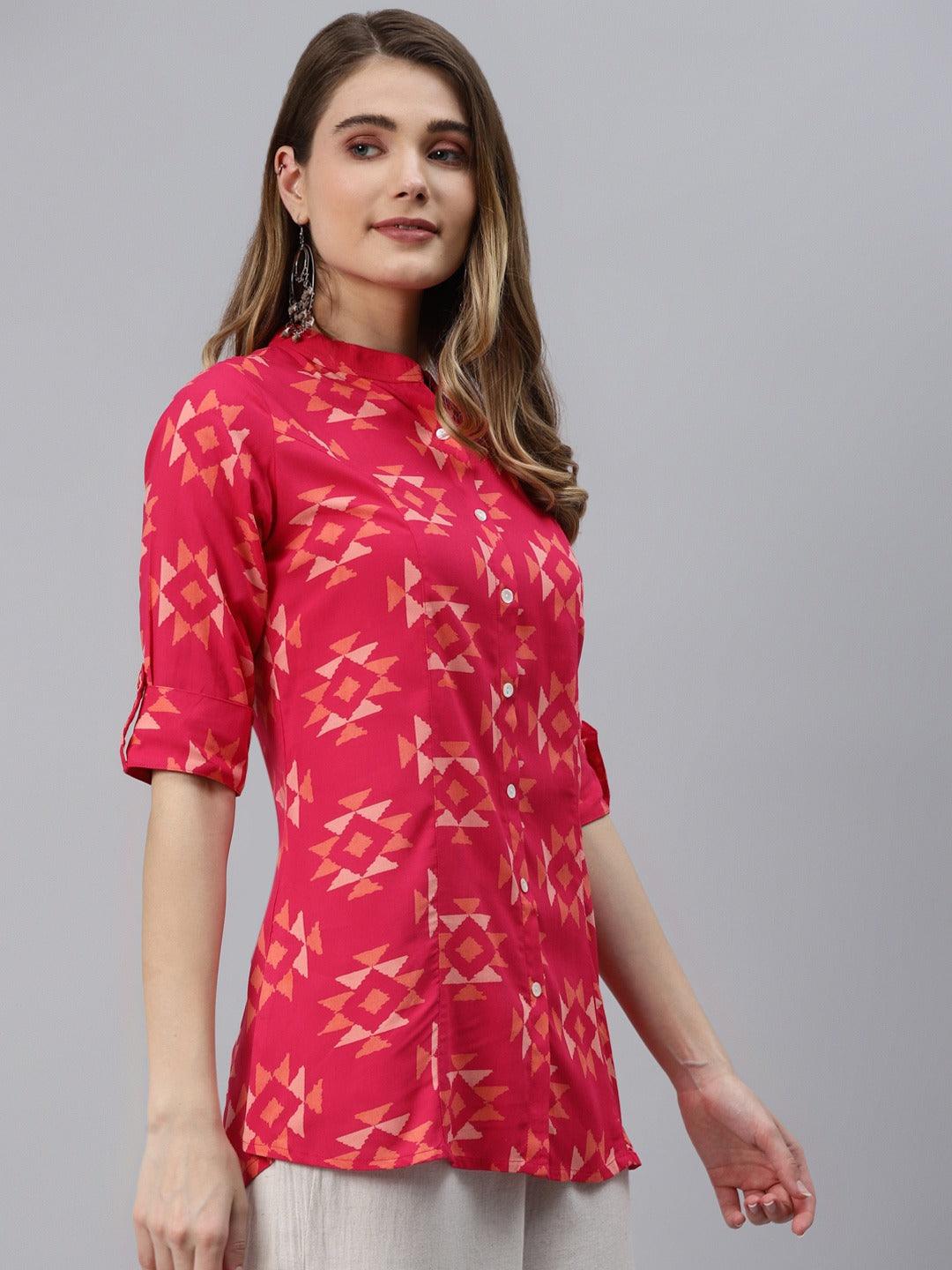 Jamal Jamaloo Pink Geometric Print Rayon Shirt Style Top - Jamal Jamaloo