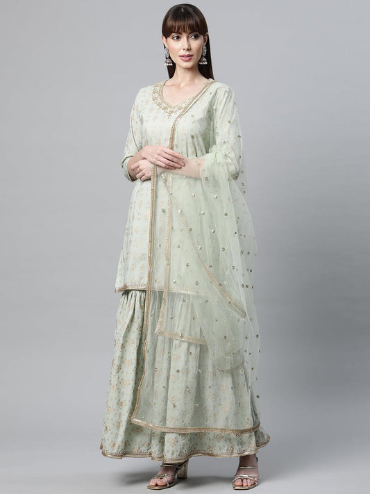 Jamal Jamaloo Sea Green Golden Printed Kurta Sharara set with Dupatta - Jamal Jamaloo