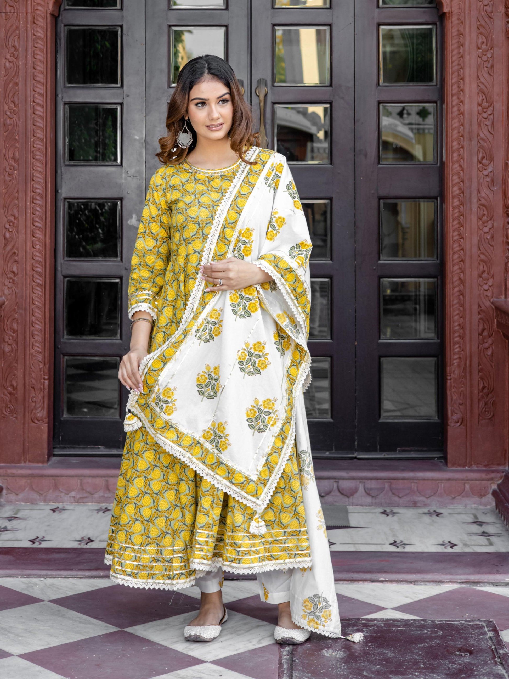 Jamal Jamaloo Mustard Cotton Anarkali Kurta Pant Set With Dupatta - Jamal Jamaloo