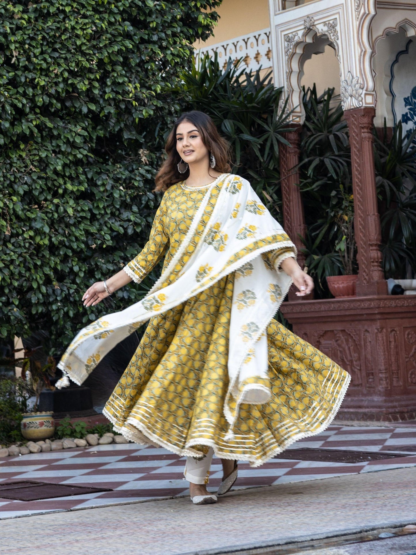 Jamal Jamaloo Mustard Cotton Anarkali Kurta Pant Set With Dupatta - Jamal Jamaloo