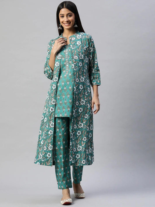 Jamal Jamaloo Green Cotton Floral Printed Three Piece Indowestern Kurta Pant Set with Jacket - Jamal Jamaloo