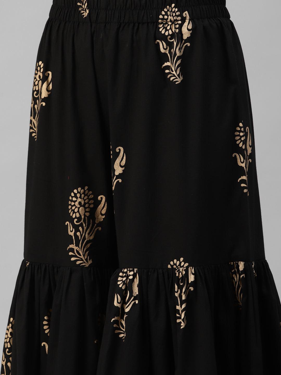 Jamal Jamaloo Black Gold Printed Cotton Kurta Sharara Set with Dupatta - Jamal Jamaloo