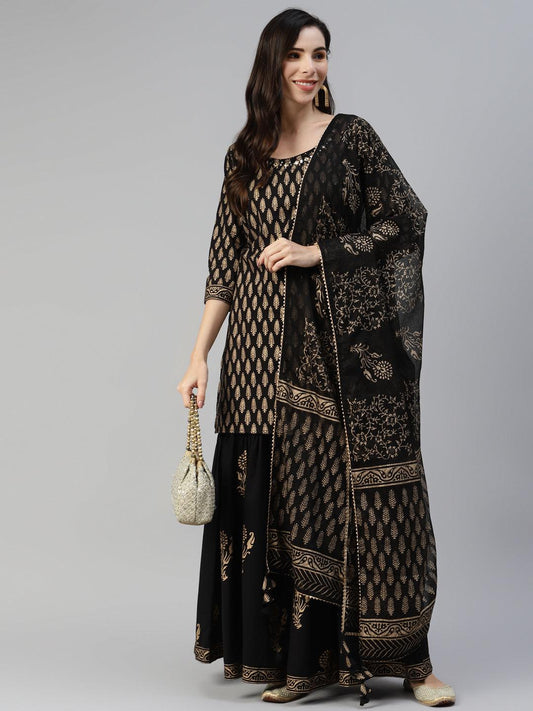 Jamal Jamaloo Black Gold Printed Cotton Kurta Sharara Set with Dupatta - Jamal Jamaloo