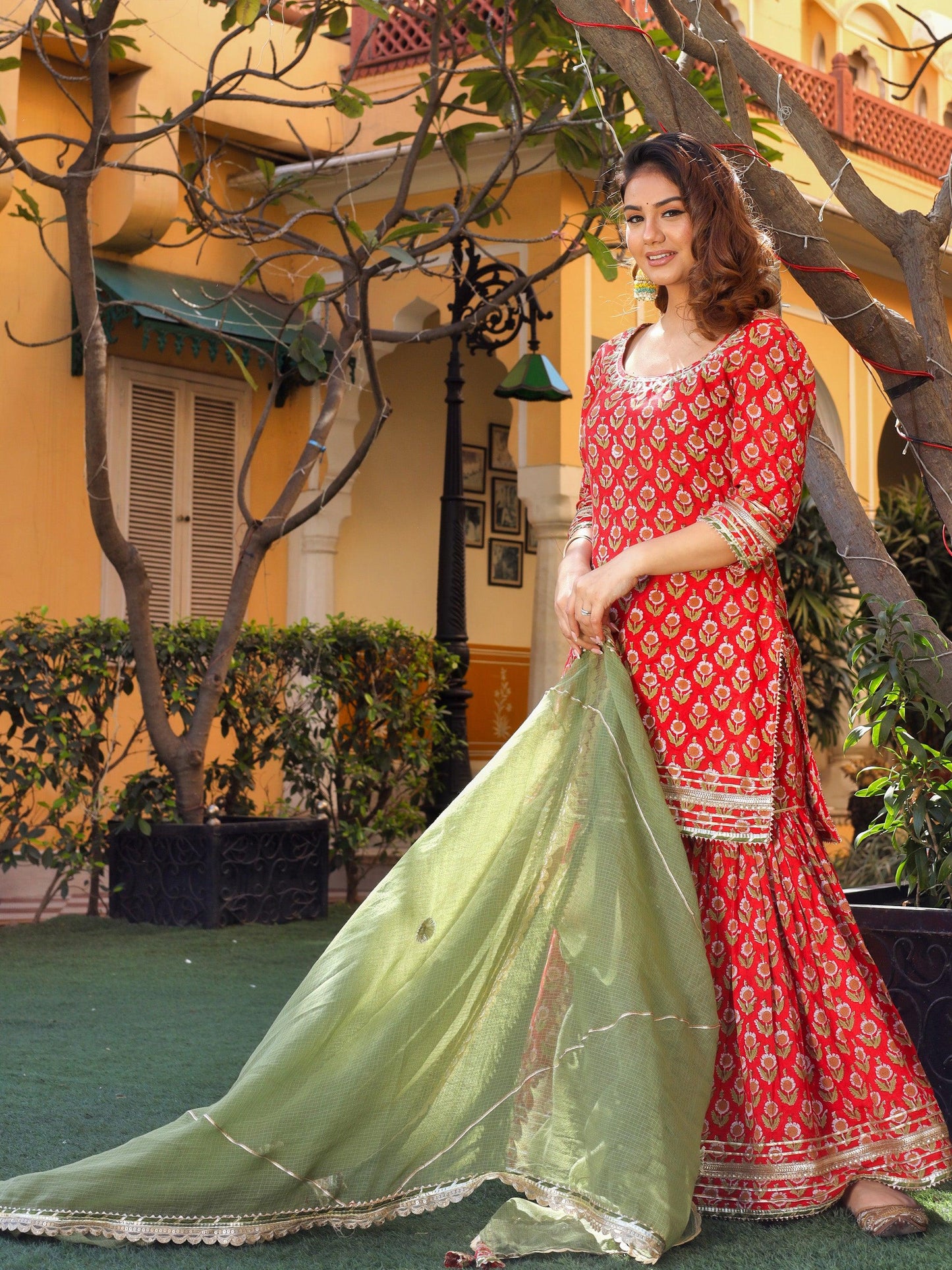 Jamal Jamaloo Red Cotton Dabu Printed Kurta Sharara Set with Kota Doria Dupatta - Jamal Jamalooworld.com