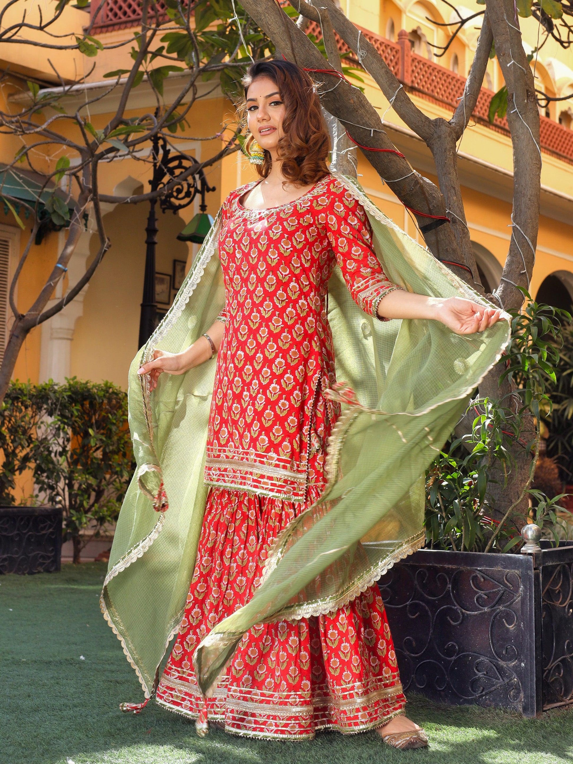 Jamal Jamaloo Red Cotton Dabu Printed Kurta Sharara Set with Kota Doria Dupatta - Jamal Jamalooworld.com