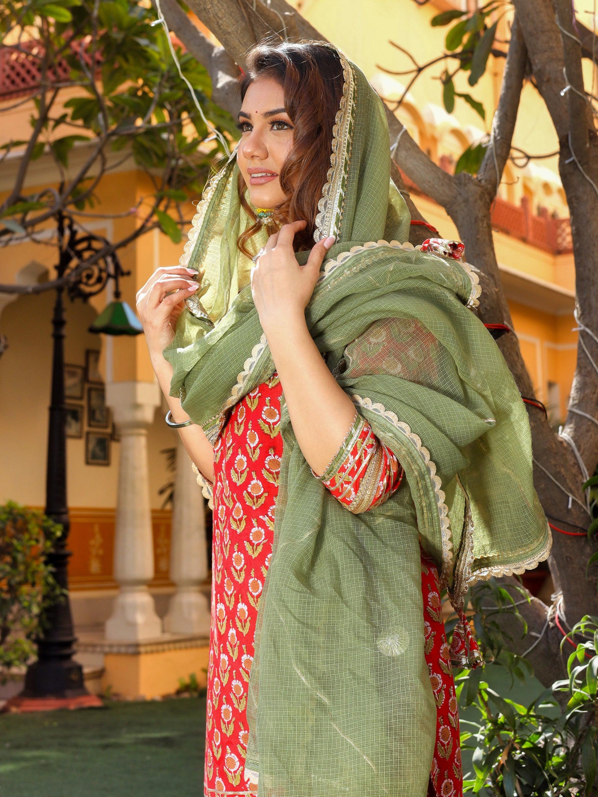 Jamal Jamaloo Red Cotton Dabu Printed Kurta Sharara Set with Kota Doria Dupatta - Jamal Jamalooworld.com