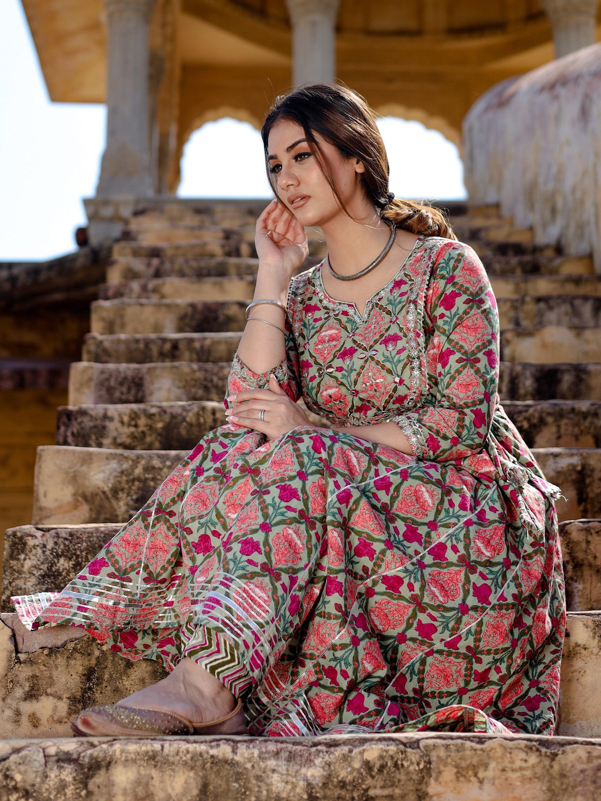 Jamal Jamaloo Green Floral Printed Anarkali Kurta Pant Sets - Jamal Jamalooworld.com