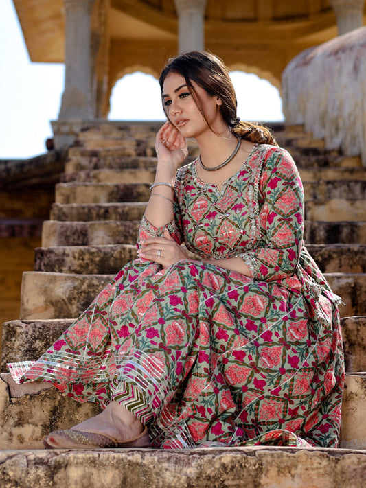 Jamal Jamaloo Green Floral Printed Anarkali Kurta Pant Sets - Jamal Jamalooworld.com