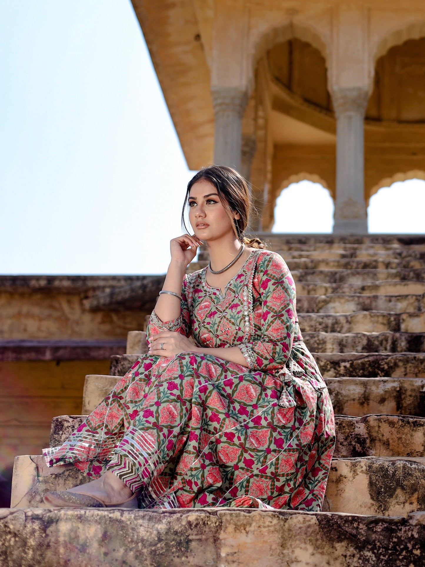 Jamal Jamaloo Green Floral Printed Anarkali Kurta Pant Sets - Jamal Jamalooworld.com