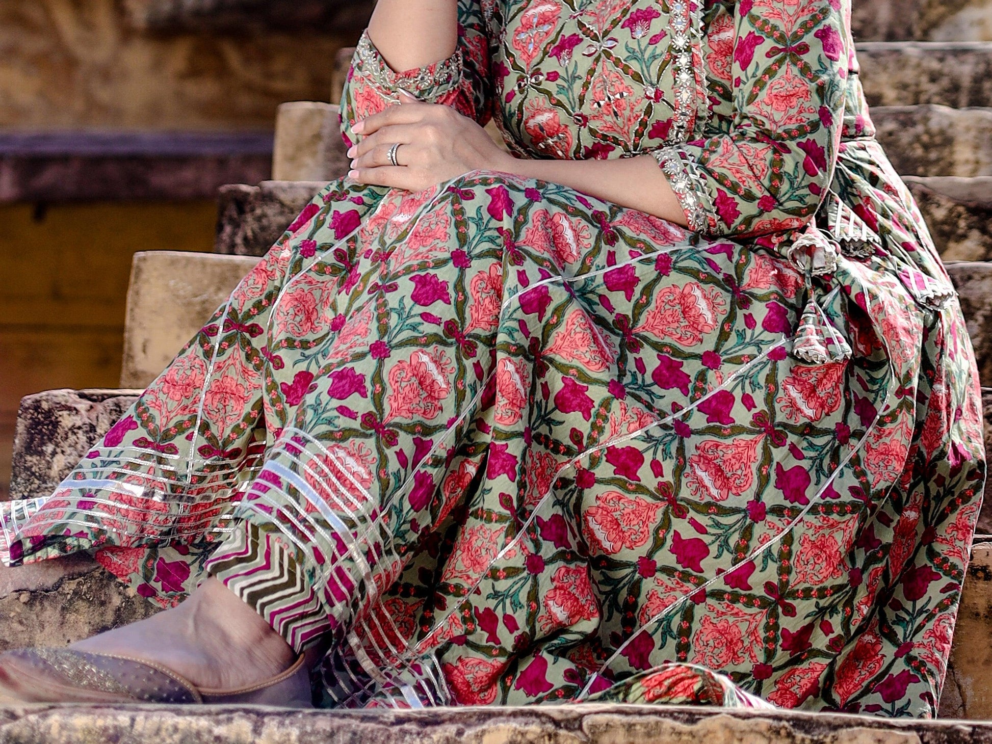 Jamal Jamaloo Green Floral Printed Anarkali Kurta Pant Sets - Jamal Jamalooworld.com