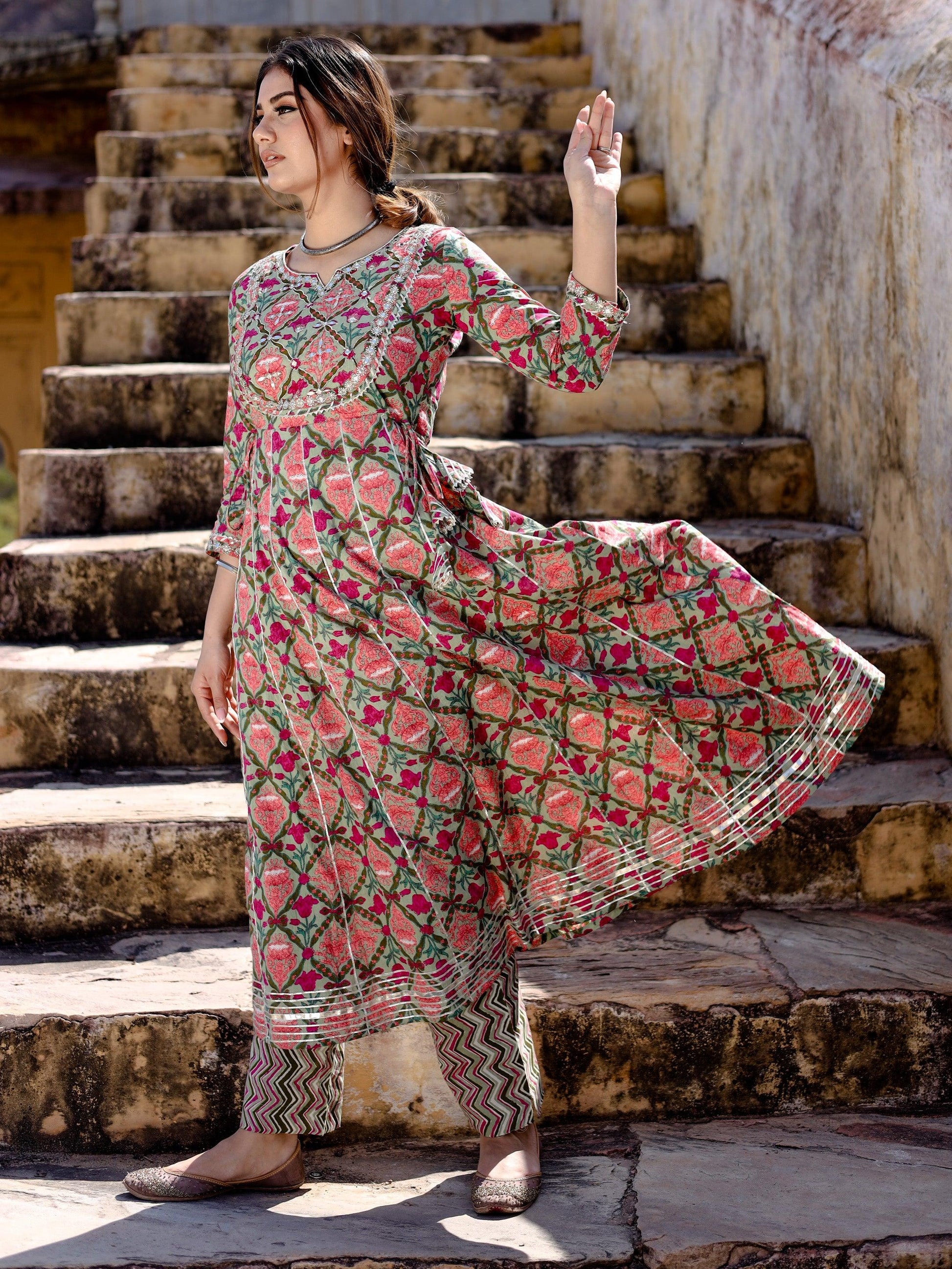Jamal Jamaloo Green Floral Printed Anarkali Kurta Pant Sets - Jamal Jamalooworld.com