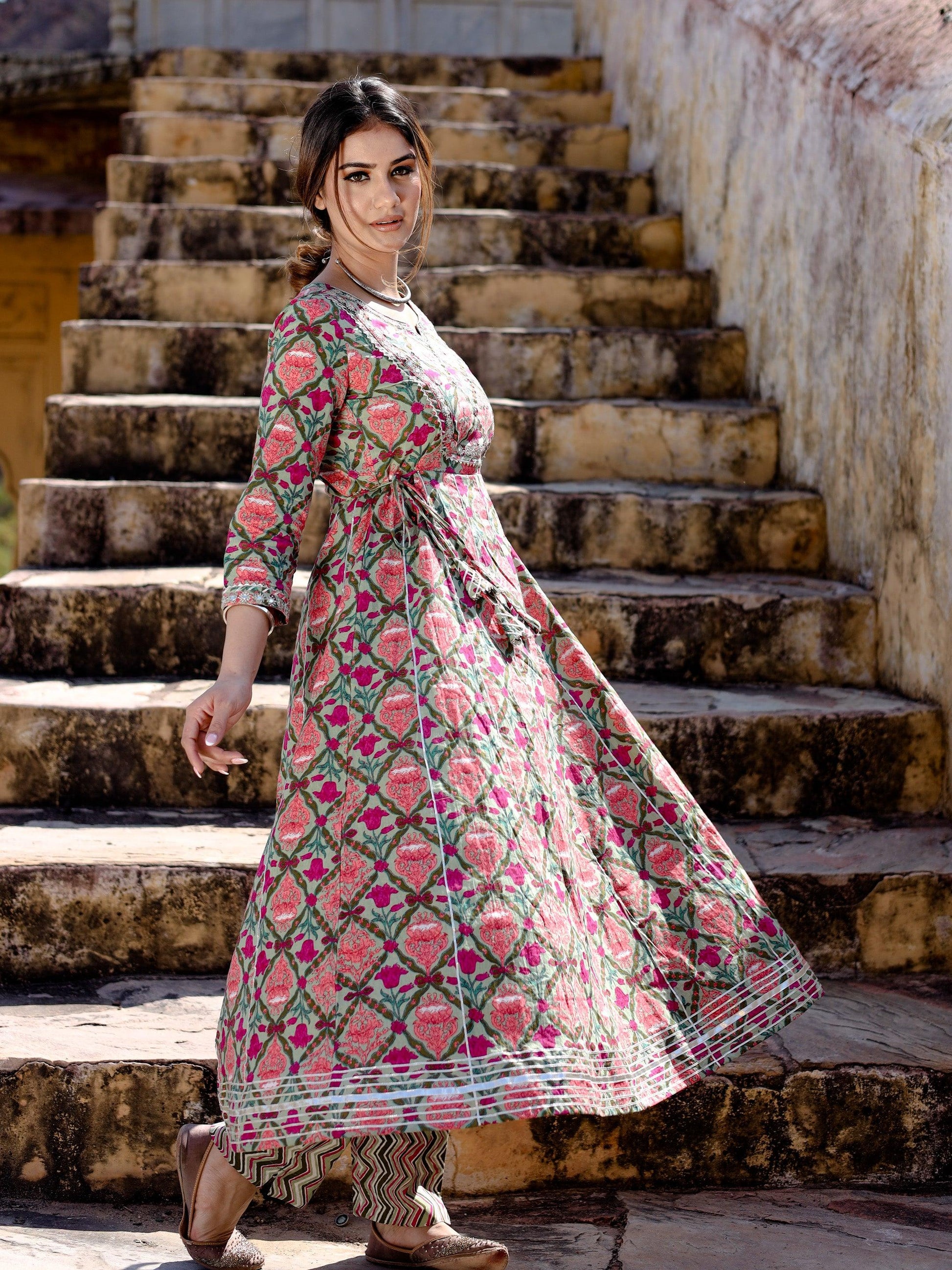 Jamal Jamaloo Green Floral Printed Anarkali Kurta Pant Sets - Jamal Jamalooworld.com