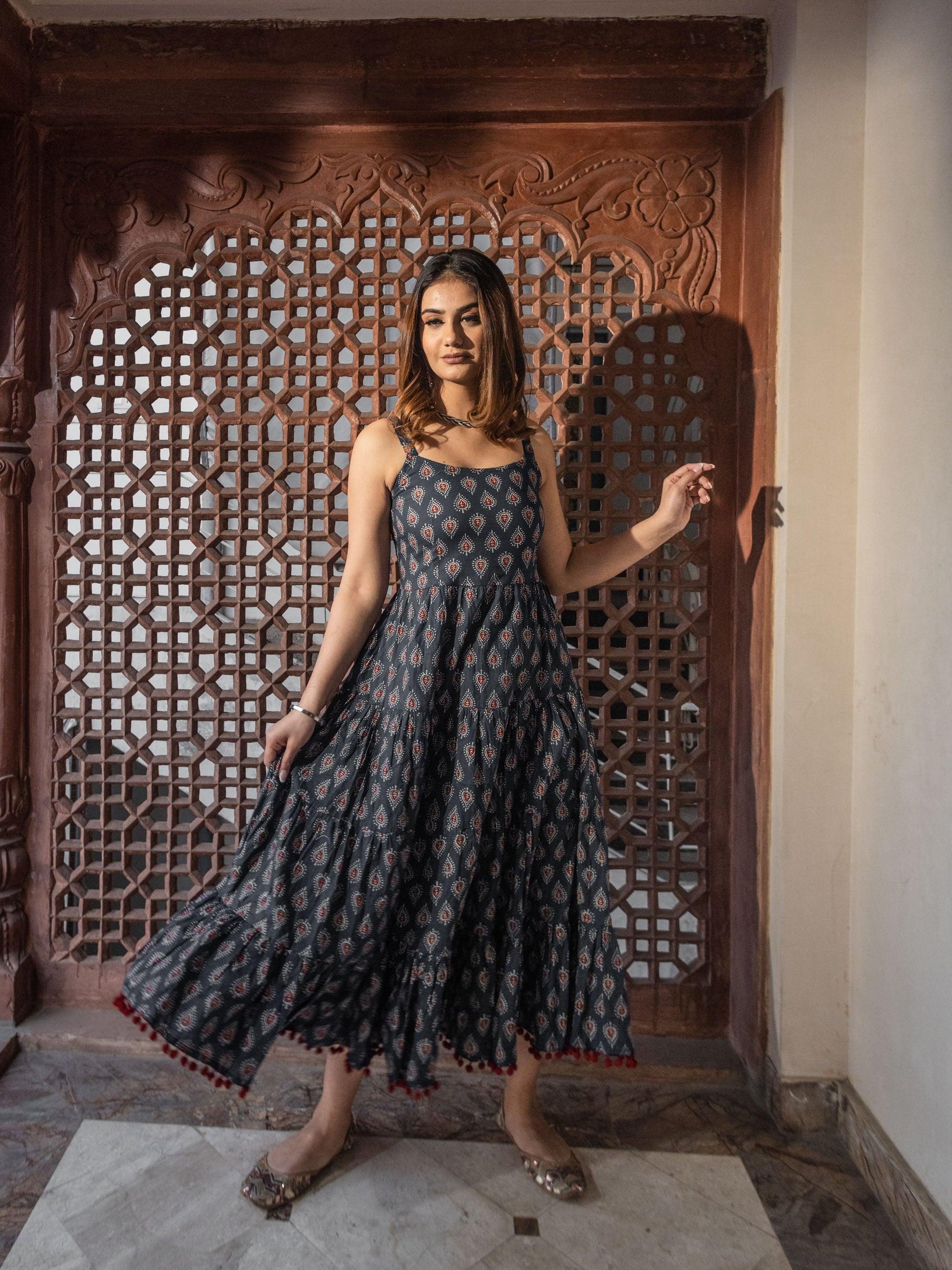 Jamal Jamaloo Navy Blue Buti Printed Shoulder Strip Long dress - Jamal Jamalooworld.com