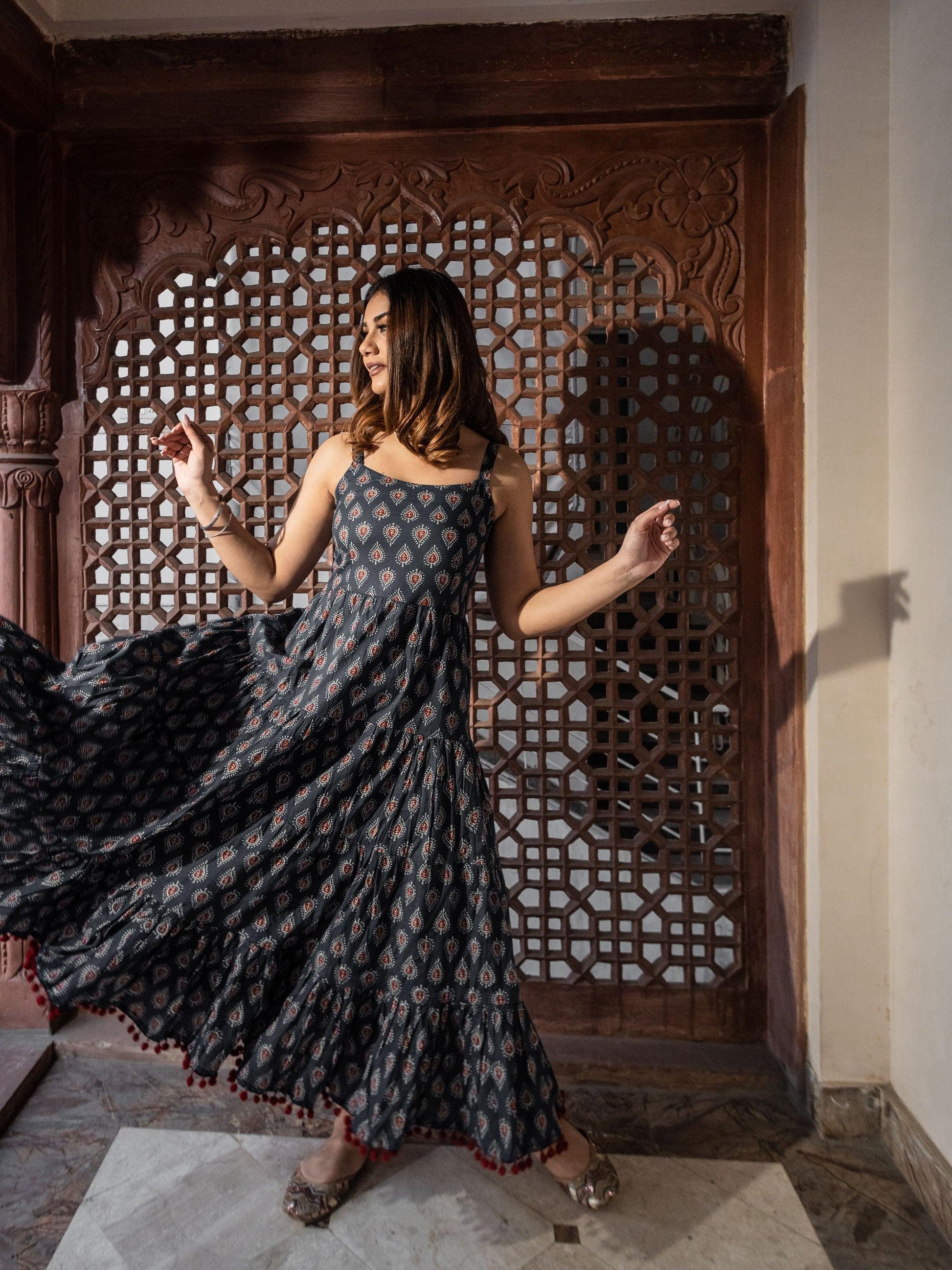 Jamal Jamaloo Navy Blue Buti Printed Shoulder Strip Long dress - Jamal Jamalooworld.com