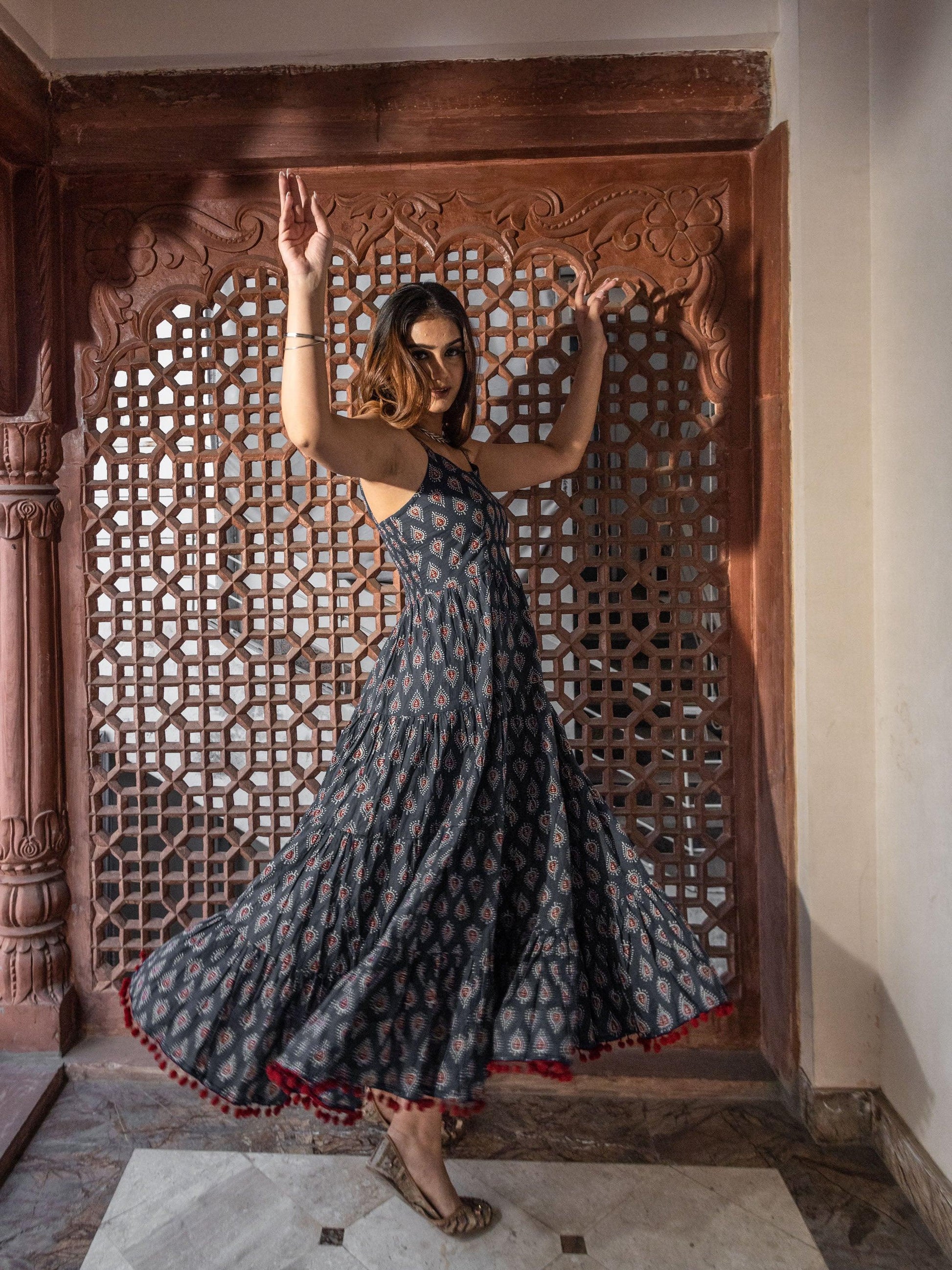 Jamal Jamaloo Navy Blue Buti Printed Shoulder Strip Long dress - Jamal Jamalooworld.com