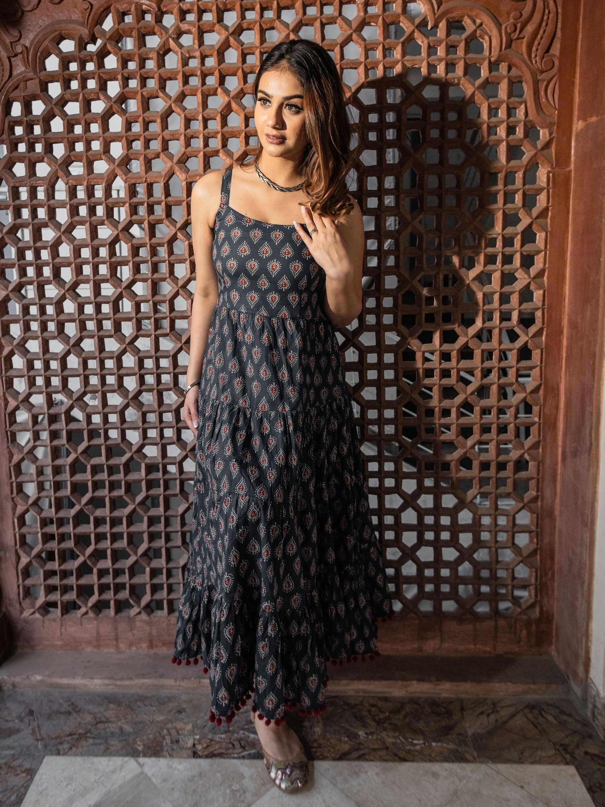 Jamal Jamaloo Navy Blue Buti Printed Shoulder Strip Long dress - Jamal Jamalooworld.com