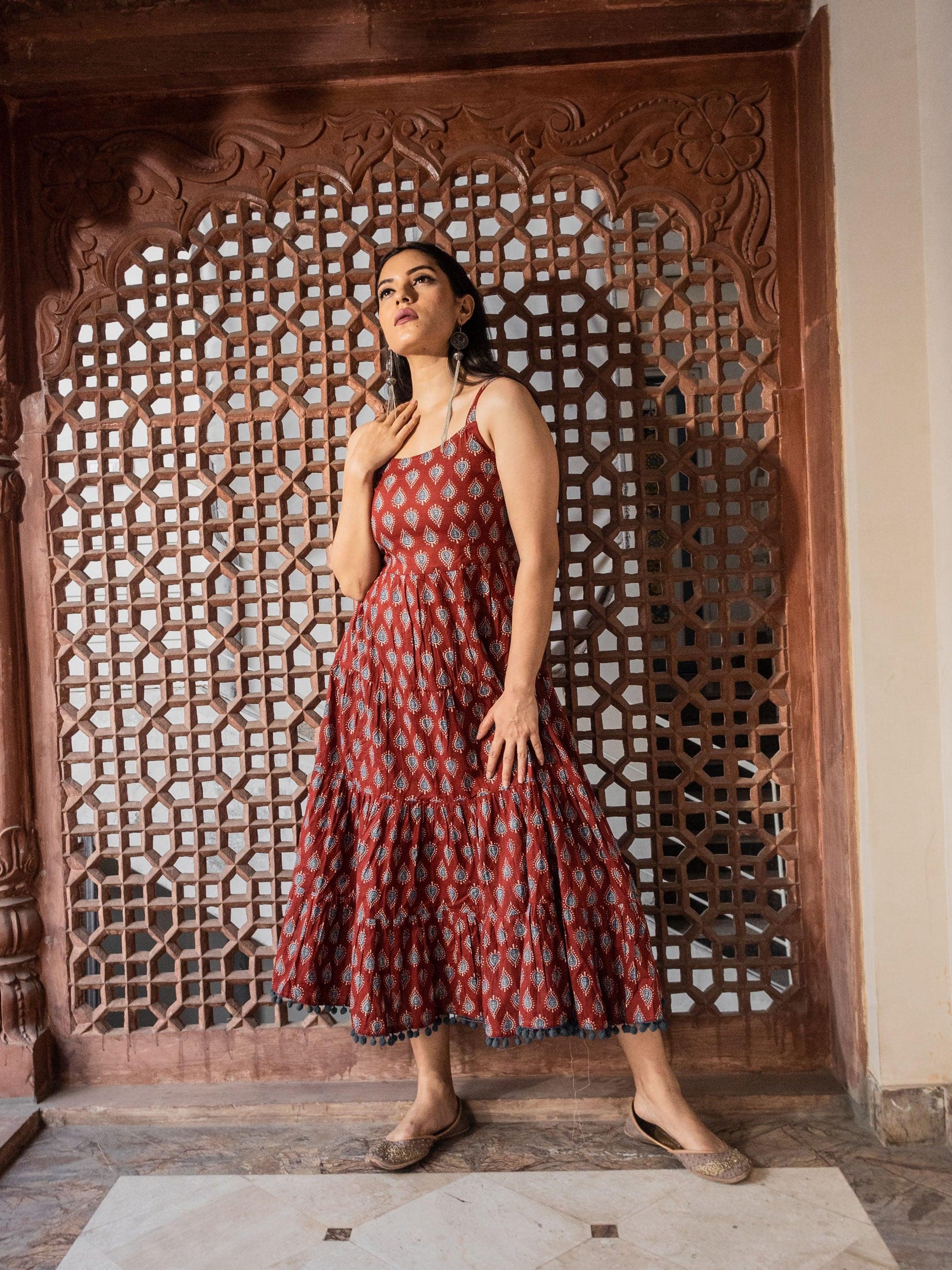 Jamal Jamaloo Maroon Buti Printed Shoulder Strip Long dress - Jamal Jamalooworld.com