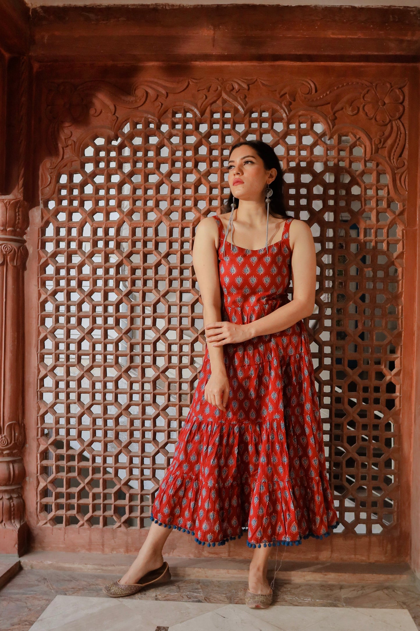 Maroon Buti Printed Shoulder Strip Long dress