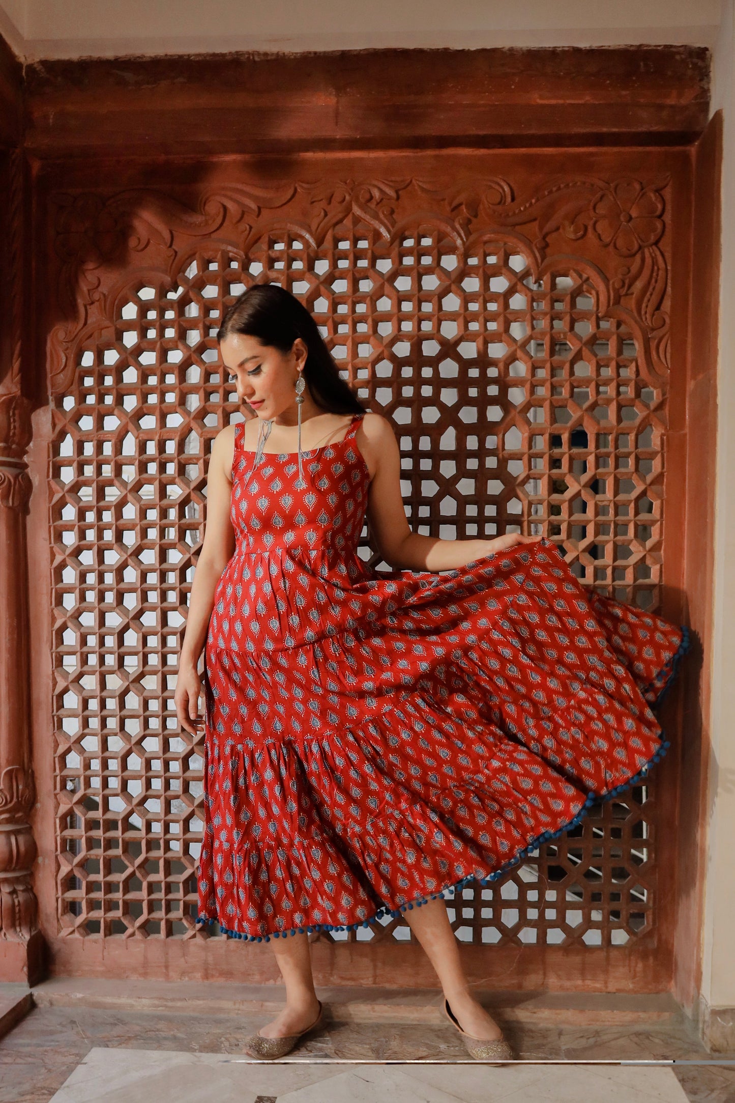 Maroon Buti Printed Shoulder Strip Long dress
