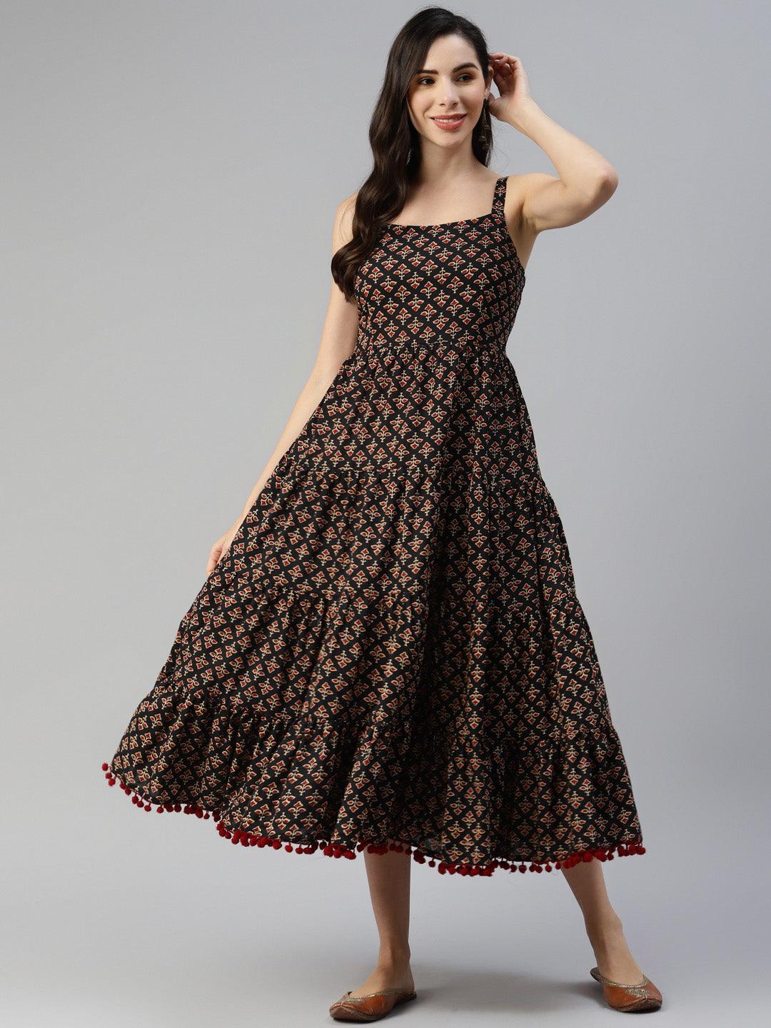 Jamal Jamaloo Black Floral Printed Shoulder Strip Long dress - Jamal Jamaloo