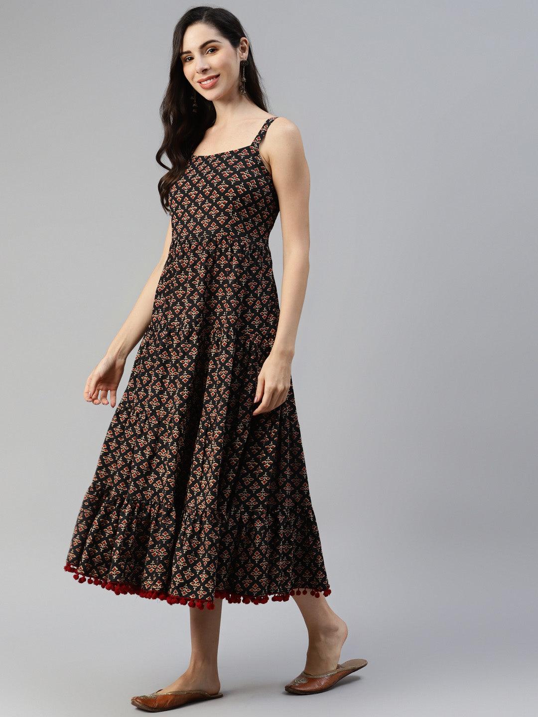 Jamal Jamaloo Black Floral Printed Shoulder Strip Long dress - Jamal Jamaloo