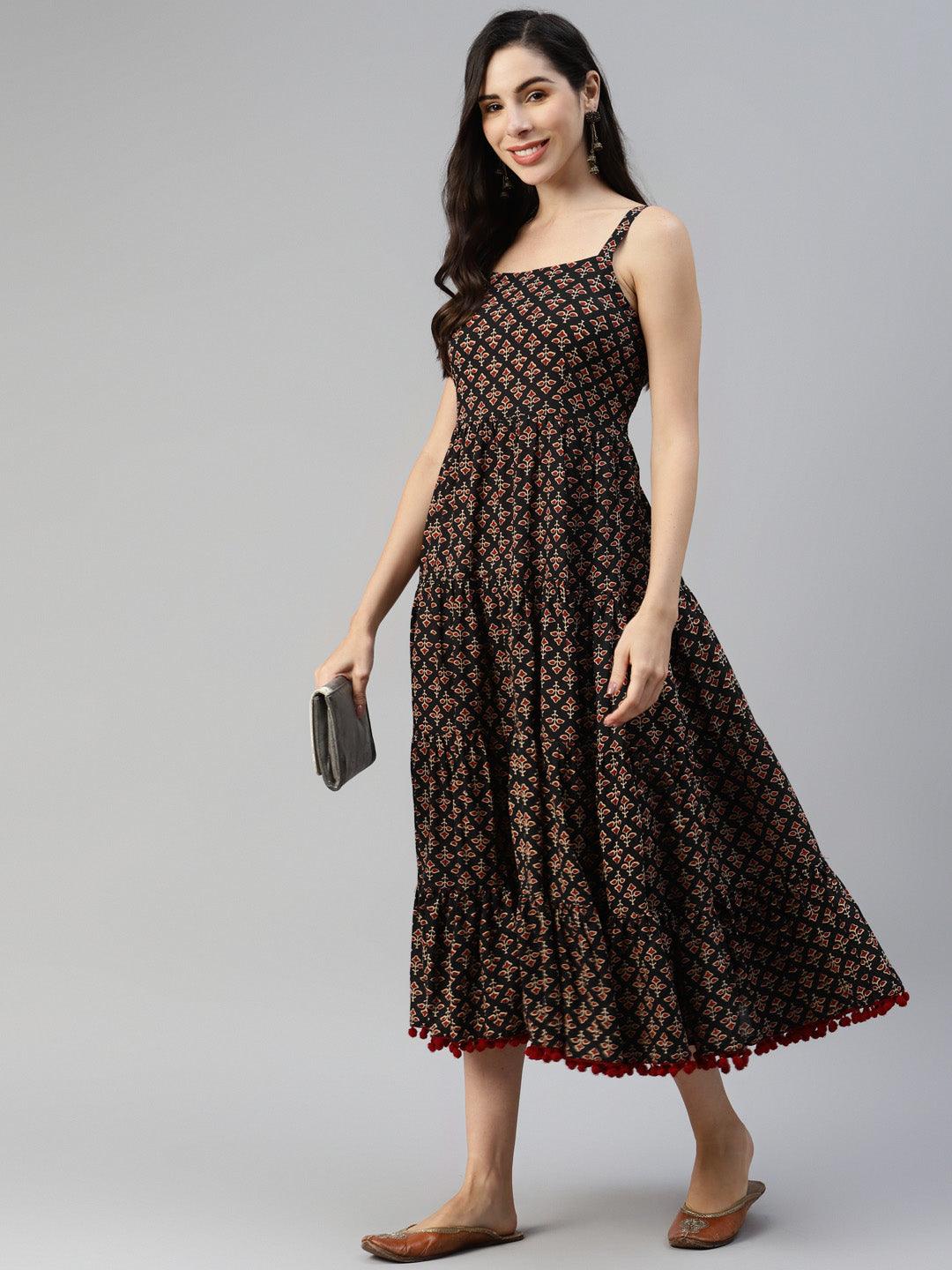Jamal Jamaloo Black Floral Printed Shoulder Strip Long dress - Jamal Jamaloo