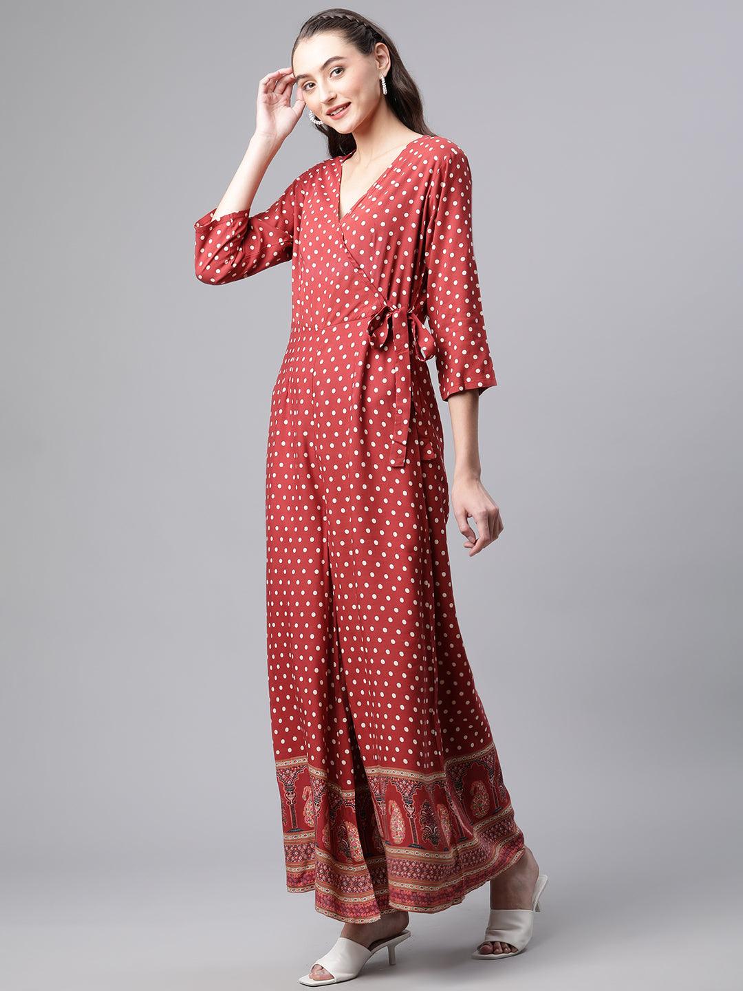 Jamal Jamaloo Maroon Polka Dots Printed Jumpsuit - Jamal Jamaloo