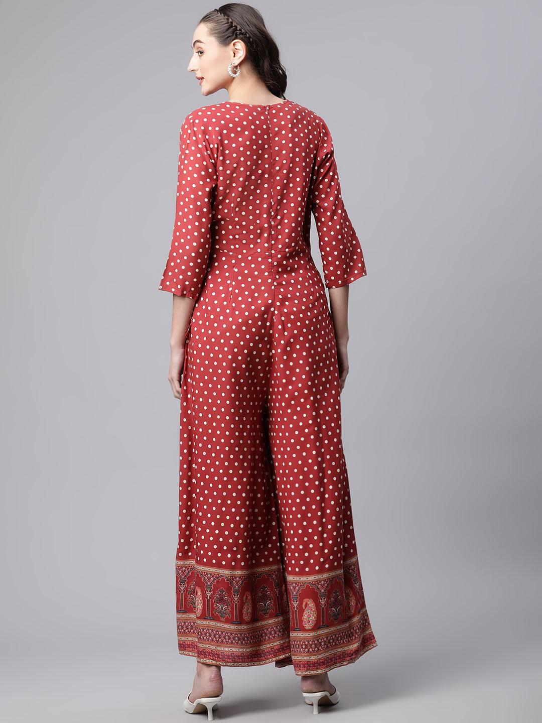 Jamal Jamaloo Maroon Polka Dots Printed Jumpsuit - Jamal Jamaloo