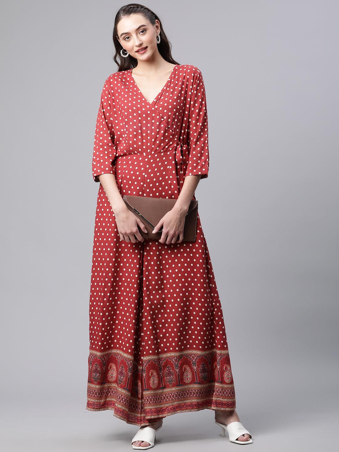 Jamal Jamaloo Maroon Polka Dots Printed Jumpsuit - Jamal Jamaloo