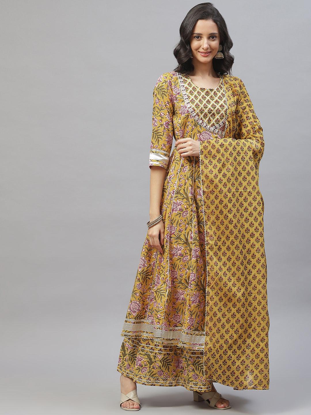 Jamal Jamaloo Mustard Cotton Anarkali Kurta Palazzo Set With Dupatta - Jamal Jamaloo