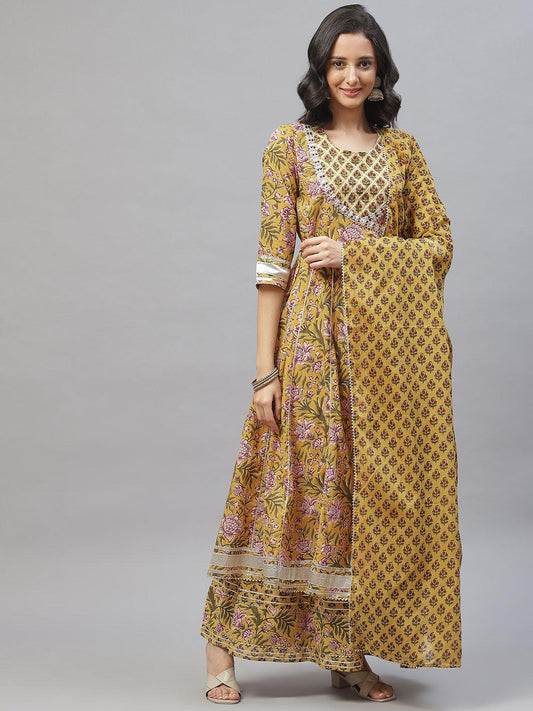 Jamal Jamaloo Mustard Cotton Anarkali Kurta Palazzo Set With Dupatta - Jamal Jamaloo