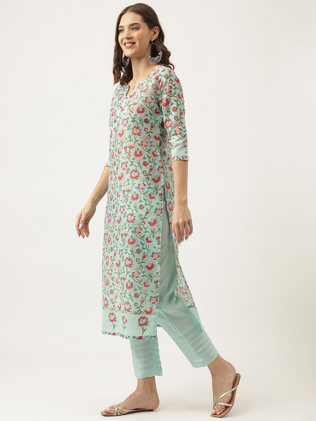 Green Chanderi Floral Printed Kurta with Pant Set