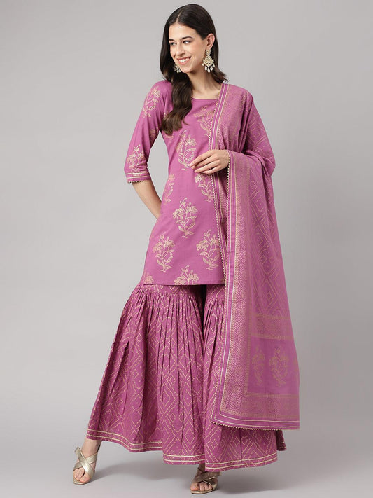 Jamal Jamaloo Purple Foil Print Cotton Sharara Set with Dupatta - Jamal Jamaloo