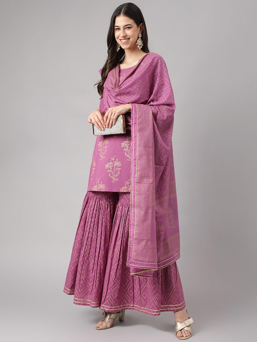 Jamal Jamaloo Purple Foil Print Cotton Sharara Set with Dupatta - Jamal Jamaloo