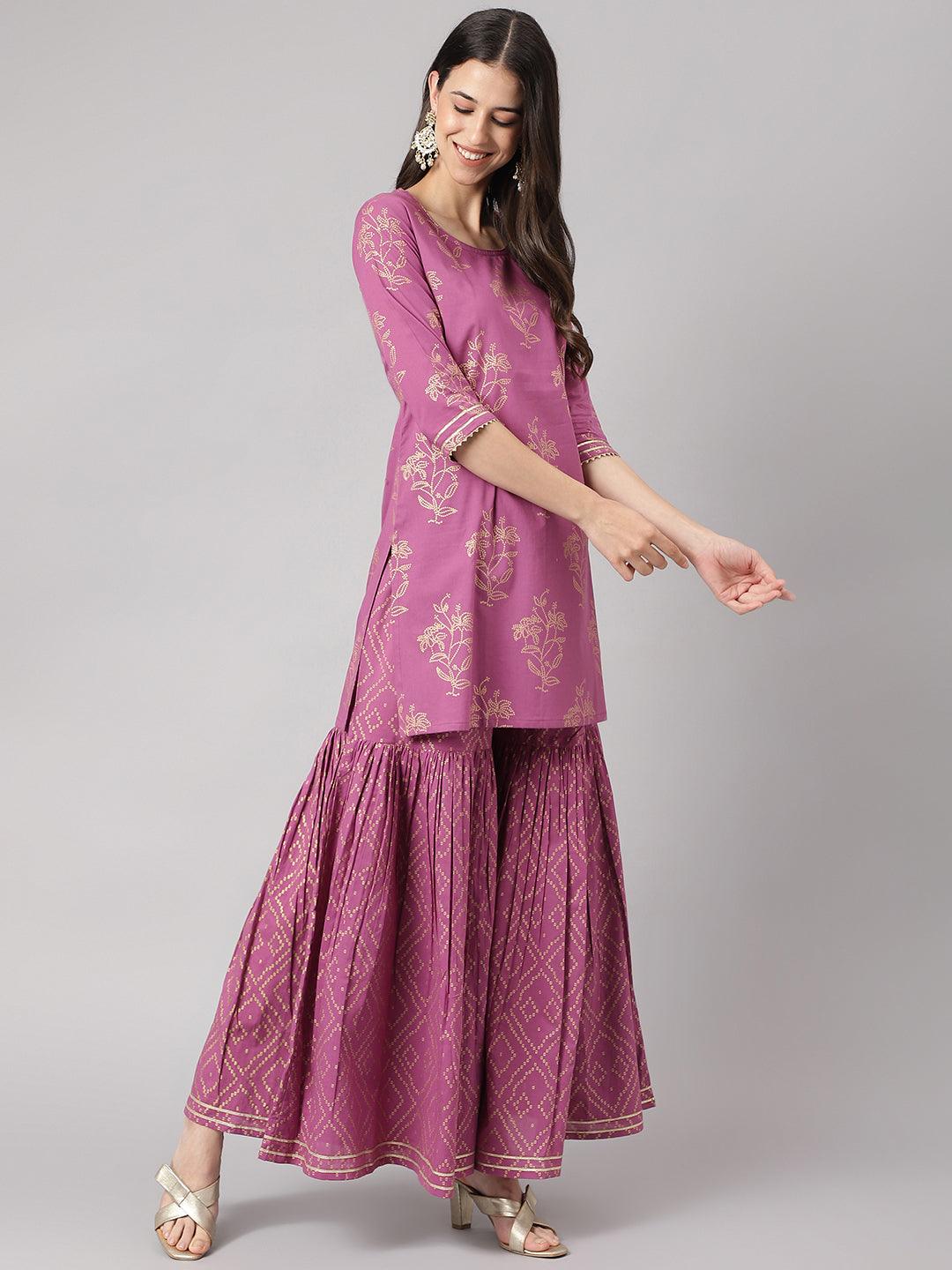 Jamal Jamaloo Purple Foil Print Cotton Sharara Set with Dupatta - Jamal Jamaloo