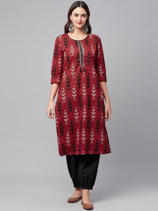 Jamal Jamaloo Maroon Cotton Straight Kurta Hem Cuffed Pant set - Jamal Jamaloo