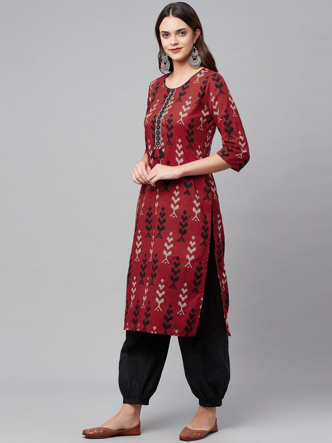Jamal Jamaloo Maroon Cotton Straight Kurta Hem Cuffed Pant set - Jamal Jamaloo