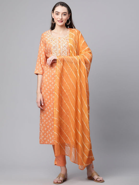 Jamal Jamaloo Orange Chanderi Kurta Cotton pant set With Chiffon leheriya Dupatta - Jamal Jamalooworld.com
