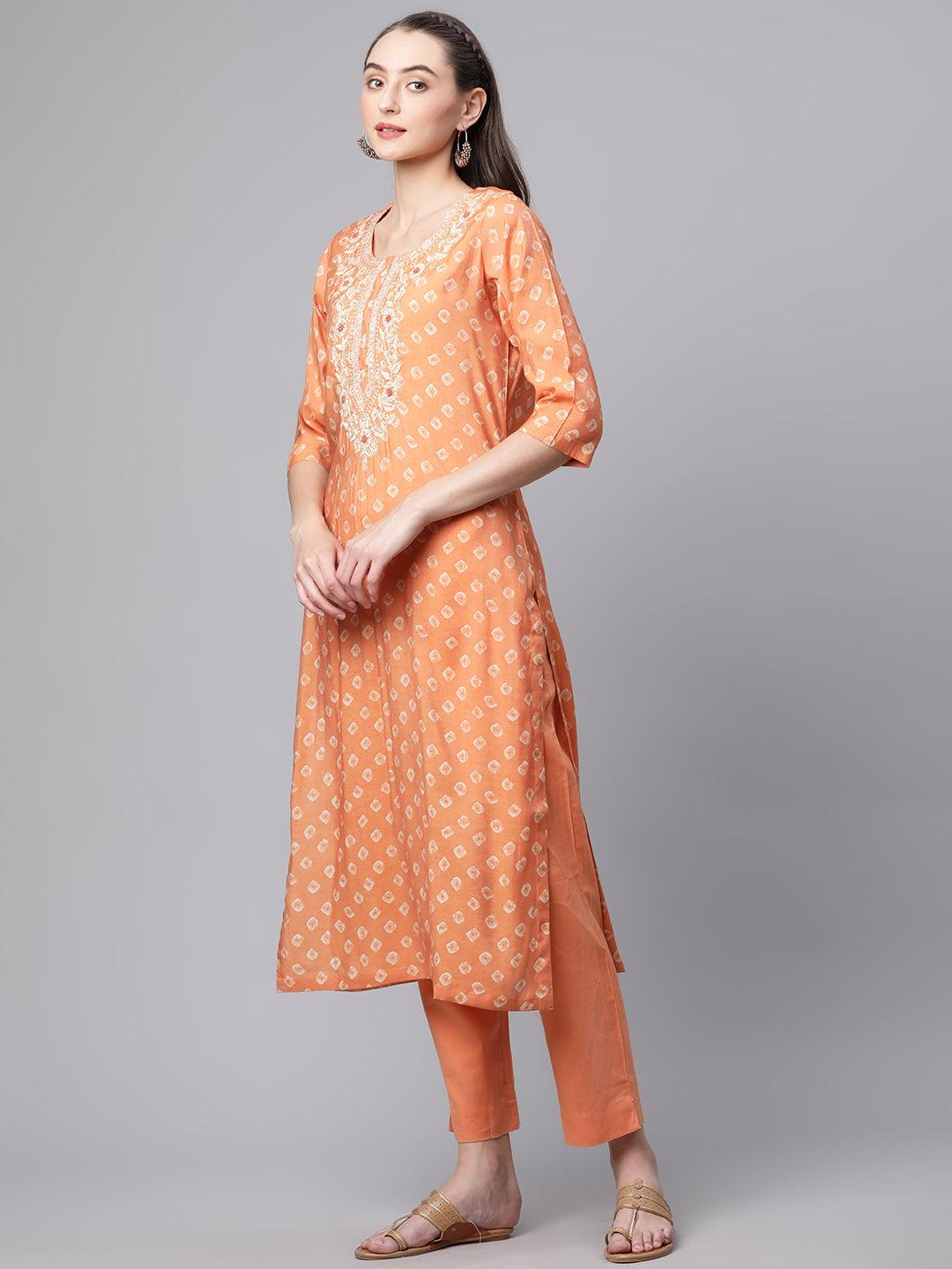Jamal Jamaloo Orange Chanderi Kurta Cotton pant set With Chiffon leheriya Dupatta - Jamal Jamalooworld.com