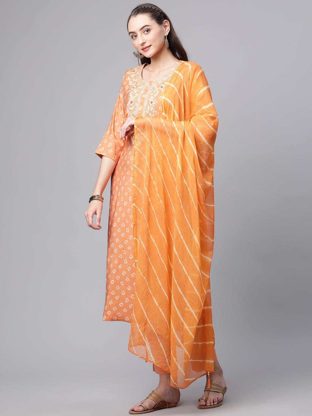 Jamal Jamaloo Orange Chanderi Kurta Cotton pant set With Chiffon leheriya Dupatta - Jamal Jamalooworld.com