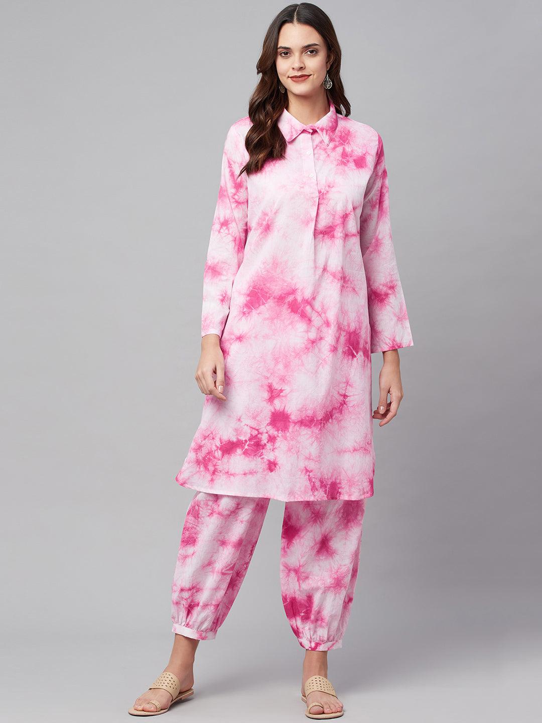 Jamal Jamaloo Pink Cotton Shirt Style Kurta Hem Cuffed Pant Set - Jamal Jamaloo