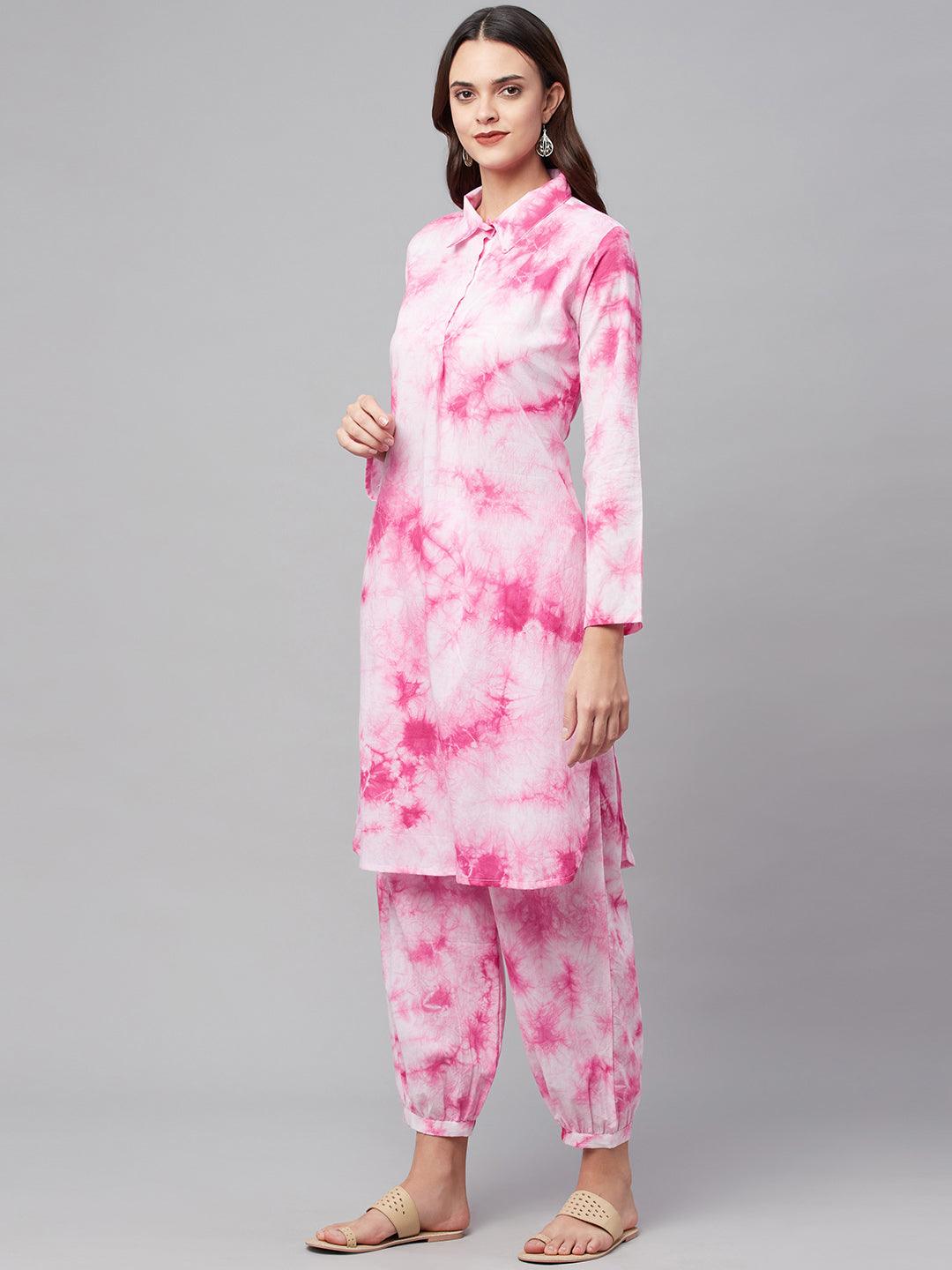 Jamal Jamaloo Pink Cotton Shirt Style Kurta Hem Cuffed Pant Set - Jamal Jamaloo