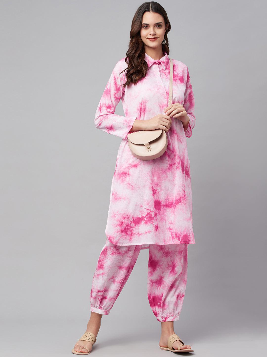 Jamal Jamaloo Pink Cotton Shirt Style Kurta Hem Cuffed Pant Set - Jamal Jamaloo