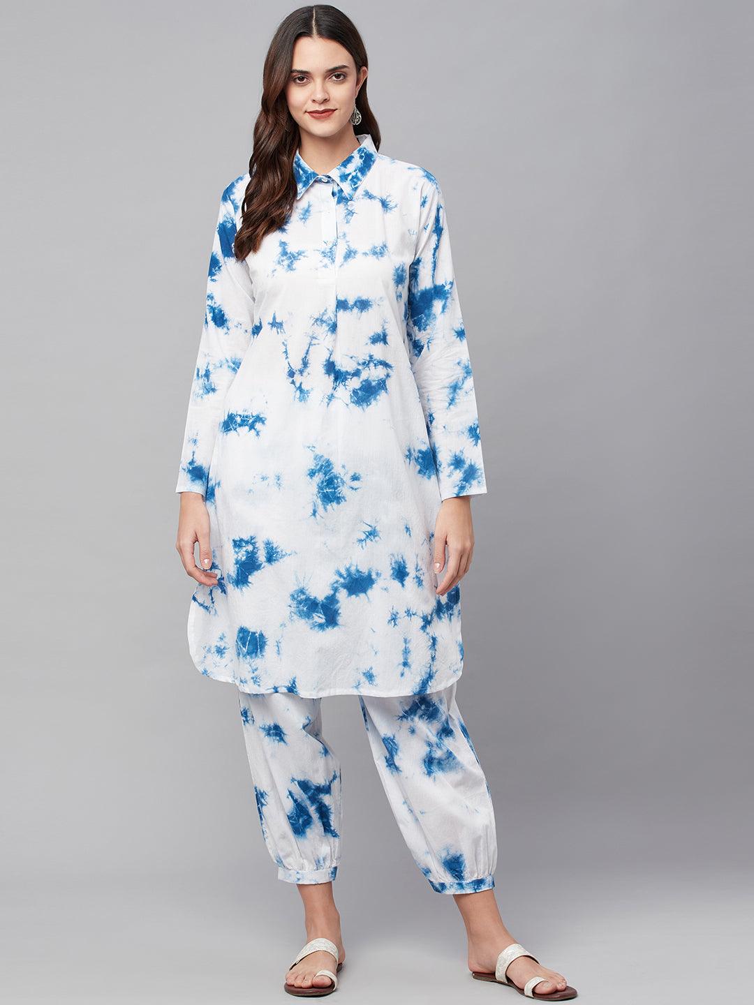 Jamal Jamaloo Blue Cotton Shirt Style Kurta Hem Cuffed Pant Set - Jamal Jamaloo