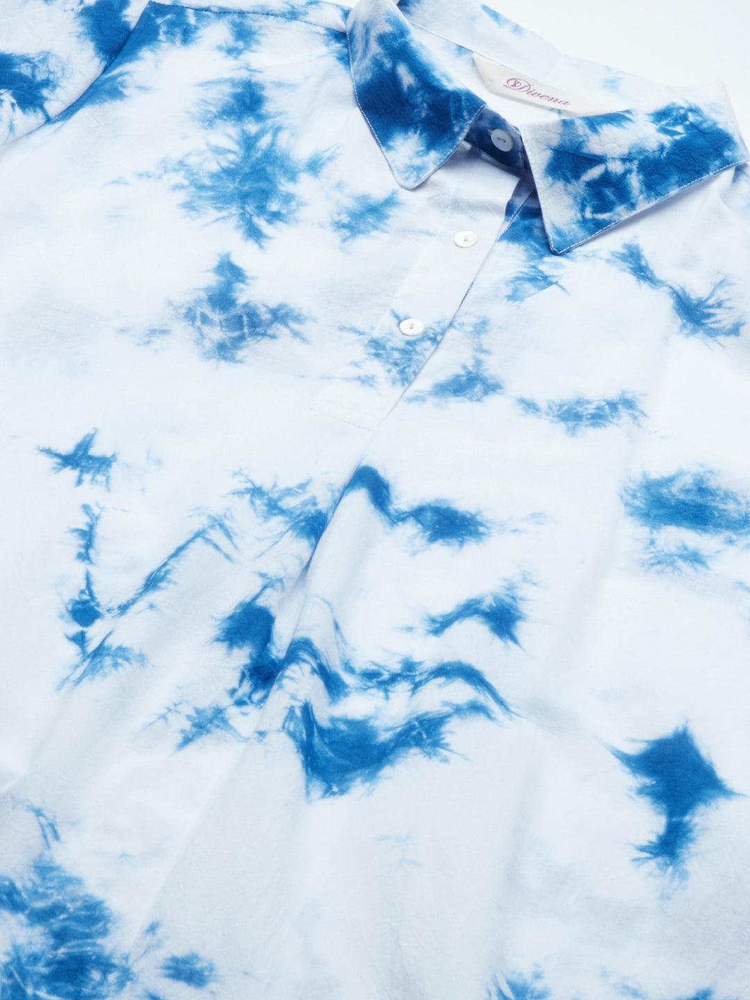 Jamal Jamaloo Blue Cotton Shirt Style Kurta Hem Cuffed Pant Set - Jamal Jamaloo